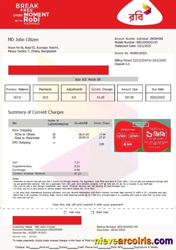 Bangladesh Robi Axiata utility bill, version 2